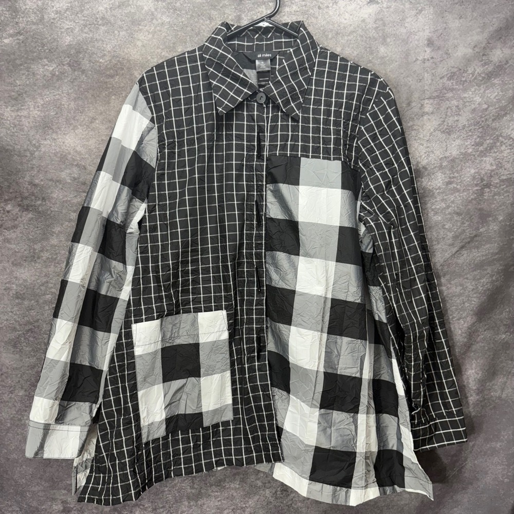 Ali Miles Patchwork Buffalo Plaid Button Up Tunic Top Women's XL Black Lagenlook